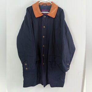 Gant The Bennett Navy Wool Overcoat Size L leather collar Button/zip closure Vtg